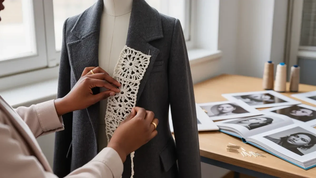 Tailored coat with crochet panel draped over archive books in daylight