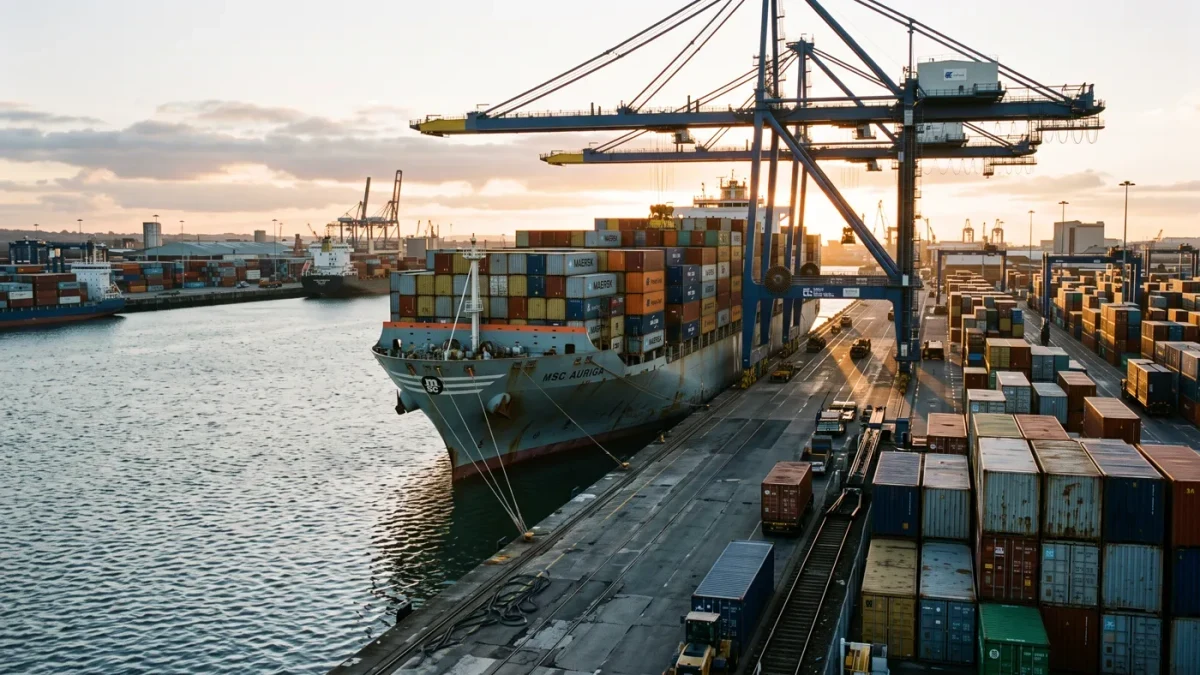 Container ship working cranes at a large port terminal in morning light