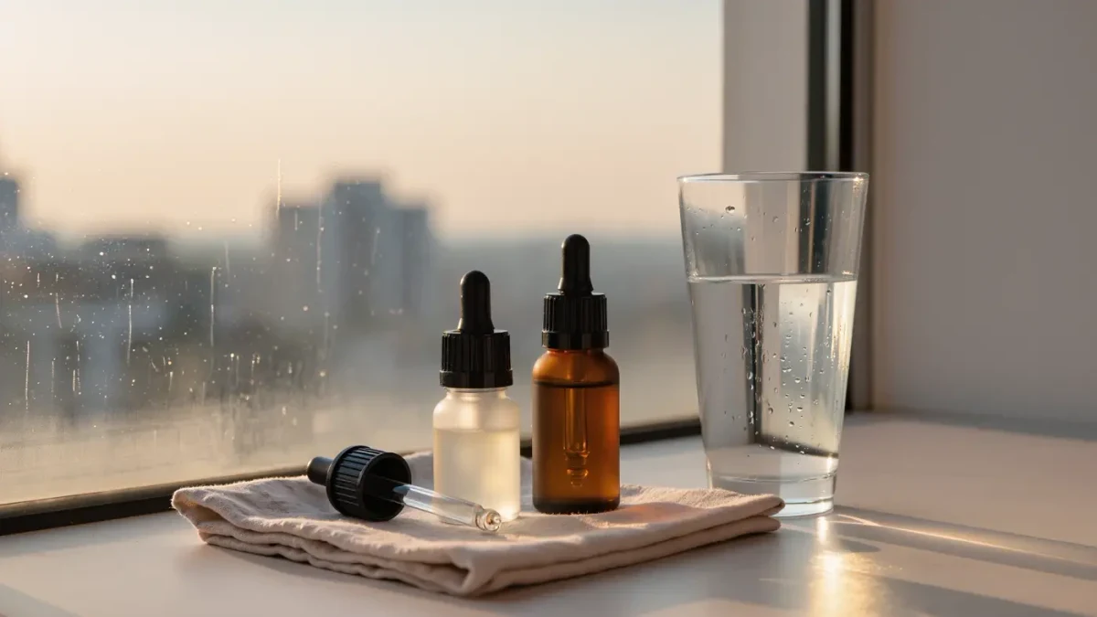 Sunlit windowsill with amber glass serum bottles catching the first morning light