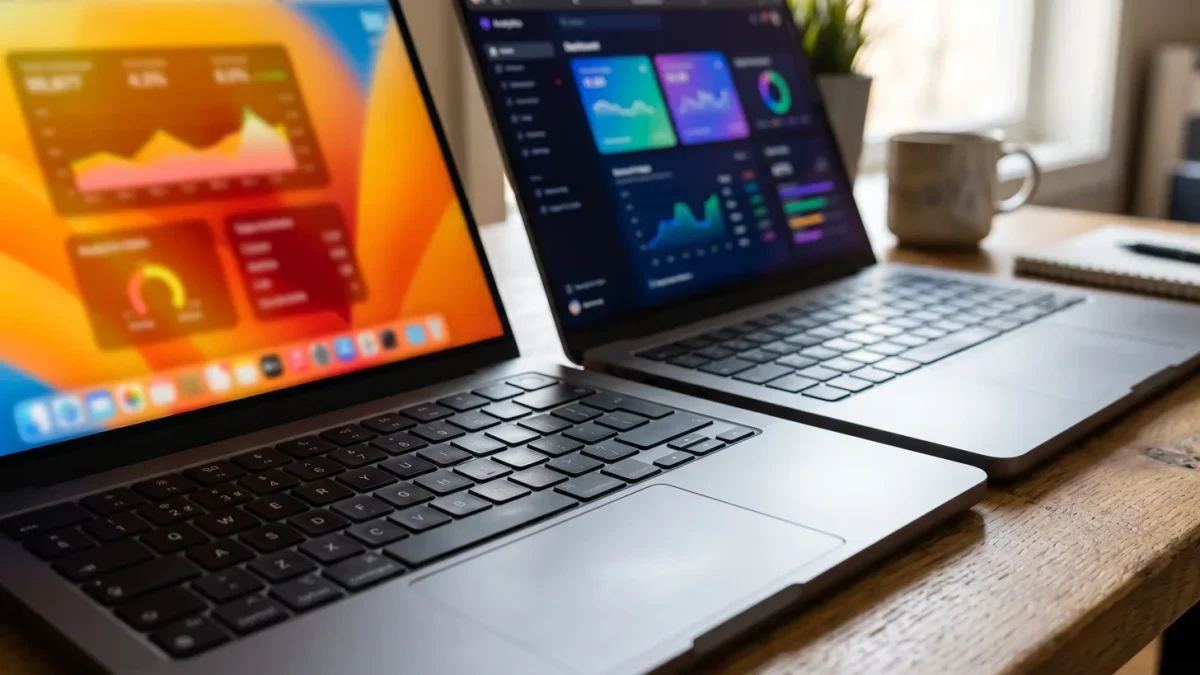 Close-up of two laptops showing competing dashboards