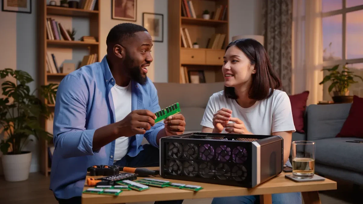 Friends comparing RAM sticks while upgrading a gaming desktop together