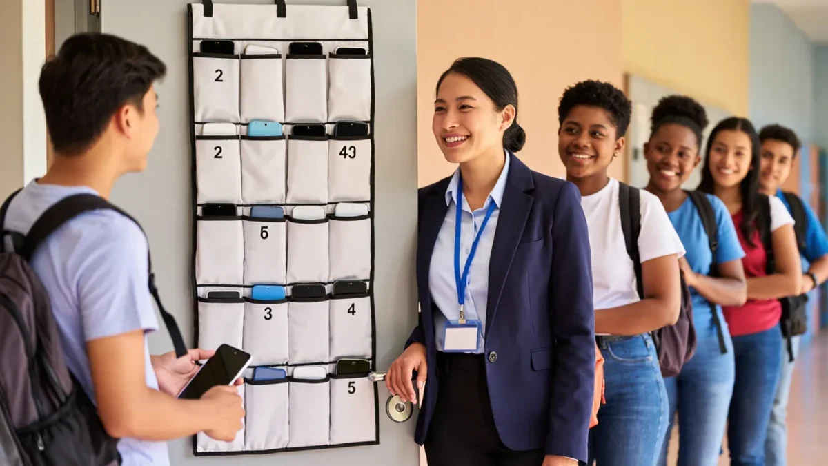 Students placing phones into a wall pocket holder at a classroom door