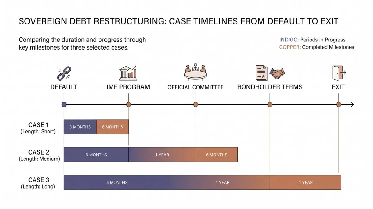 Timeline chart of default-to-restructuring stages with case durations