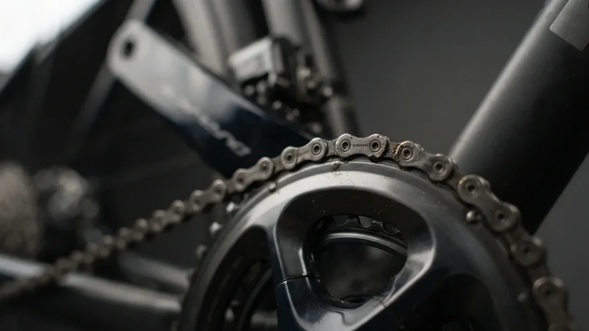 Precision bicycle crankset and chain engaged under studio light, macro detail