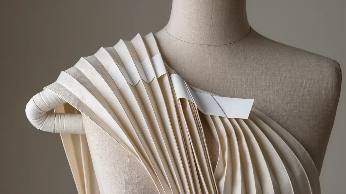 Close-up of a dress form shoulder draped with pleated archival fabric