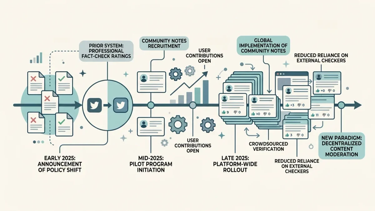 Timeline infographic of Meta content moderation policy shifts