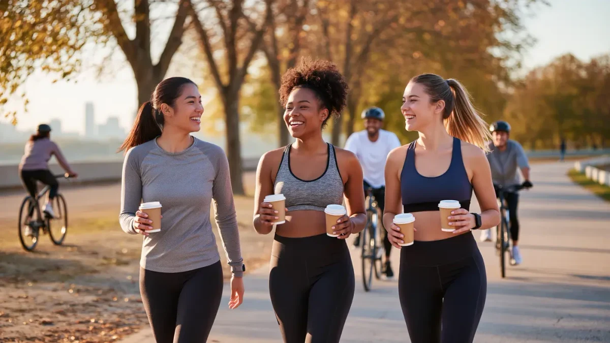 Women in matching athletic wear walking through a city park after morning exercise