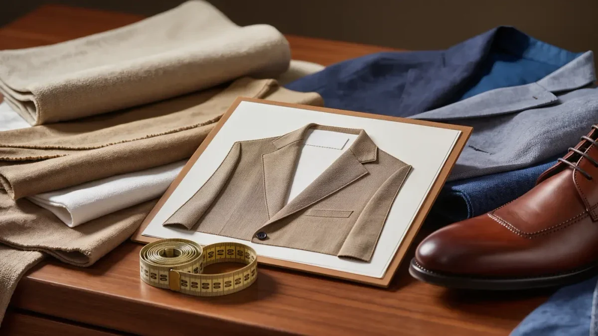 Close-up of menswear fabric swatches, linen weave and tailoring details on a trade stand
