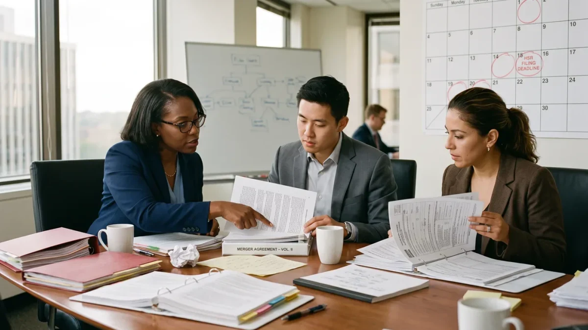 Competition lawyers reviewing deal documents under review deadline