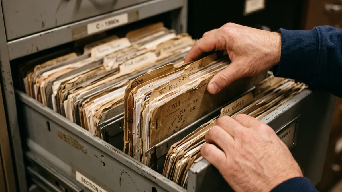 Hands closing a court file folder sliding into a records archive drawer