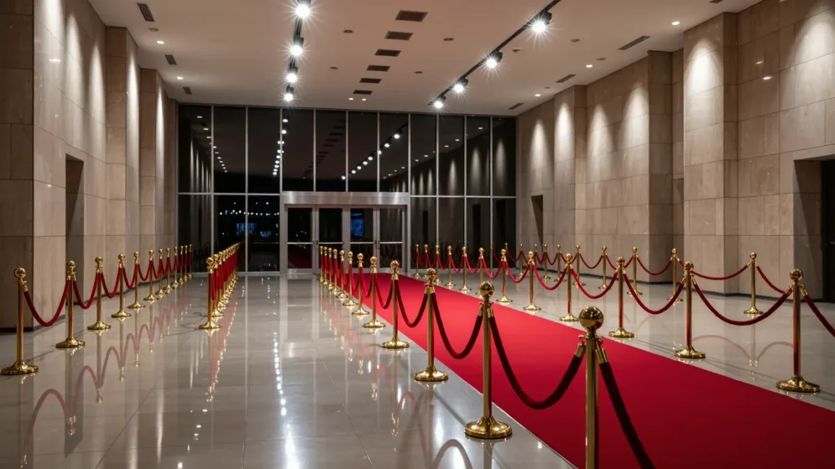 Empty concert-hall foyer with red barrier ropes and a carpet being laid before an awards night