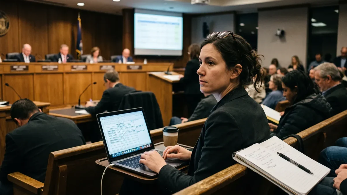 Reporter following a council session while keeping a vote tally sheet