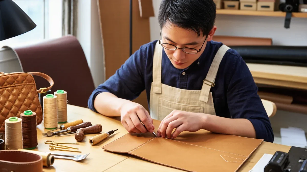 Artisan hands stitching a leather handbag panel in a workshop
