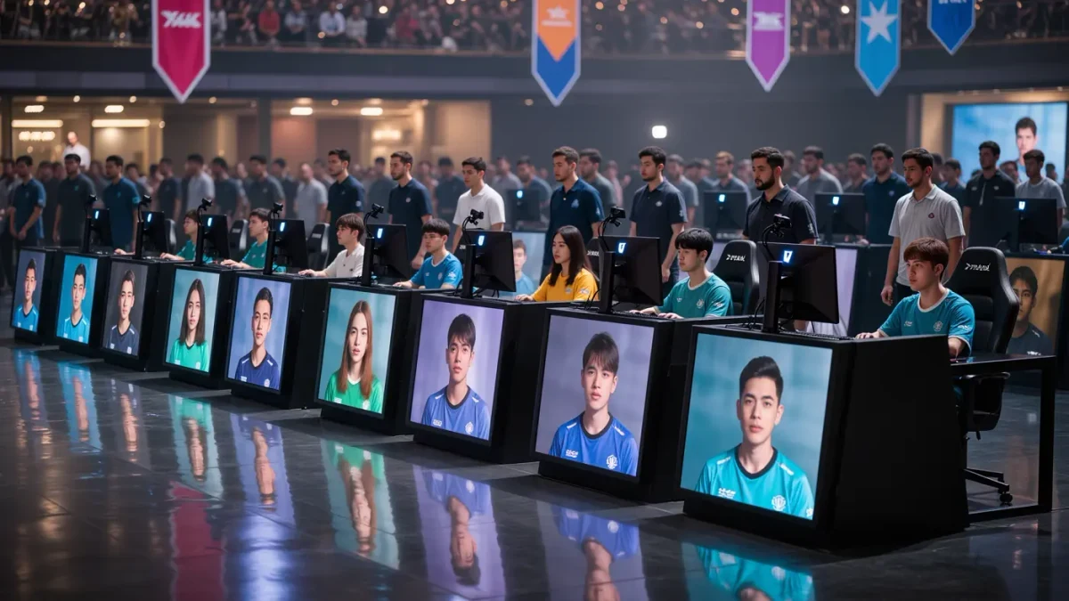 Young players competing at computers in tournament hall