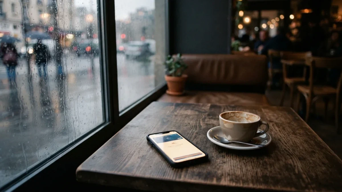 Unattended phone on a cafe table showing a wallet confirmation prompt