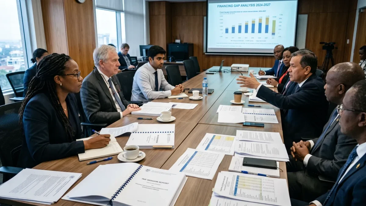 Finance ministry officials reviewing program documents with IMF team