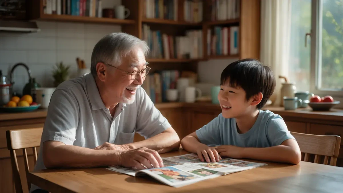 Grandfather and child reading newspaper strips together at kitchen table