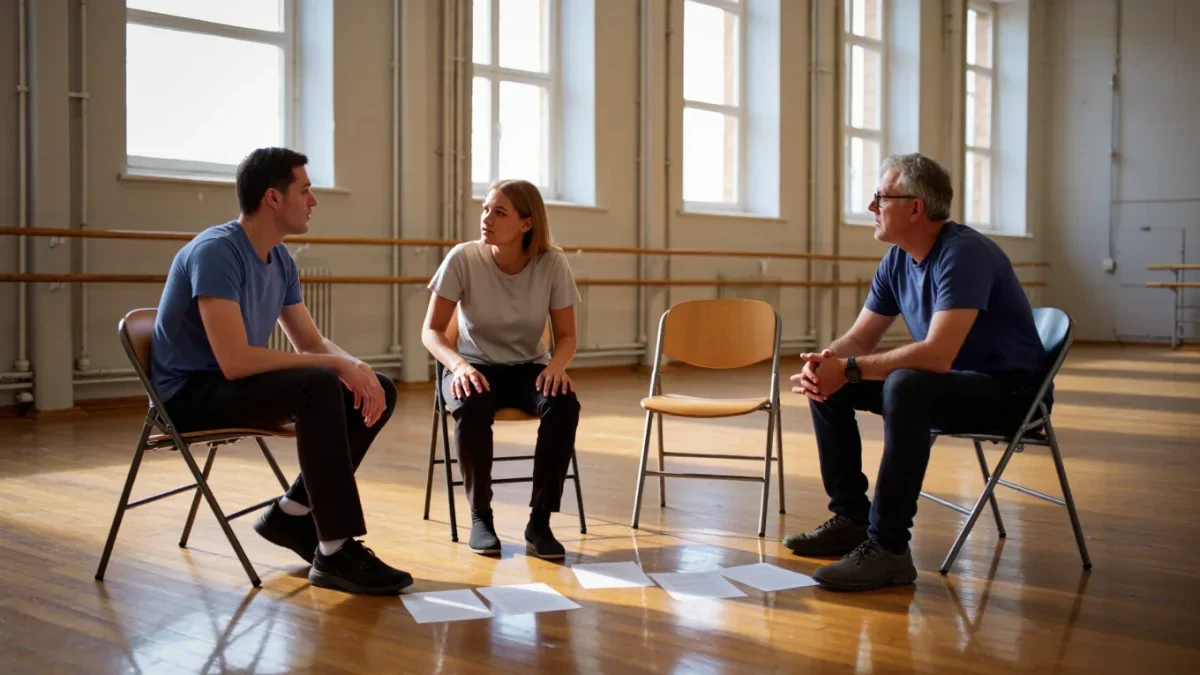 Actors rehearsing a scene while director observes closely