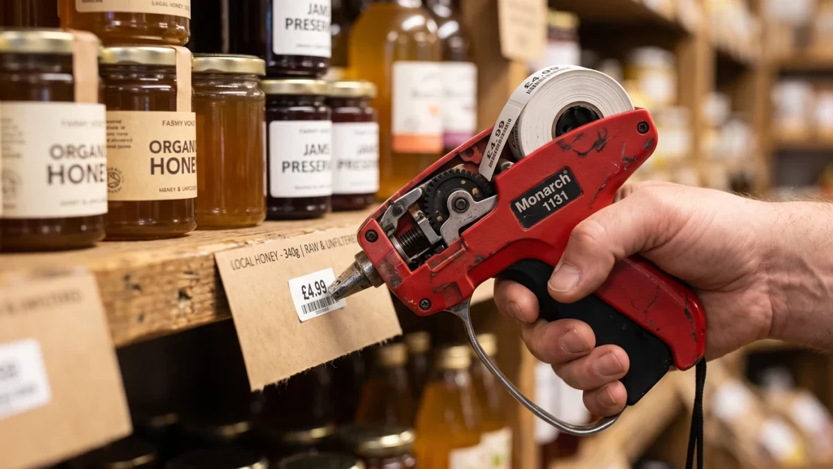 Close-up of price label gun on retail shelf