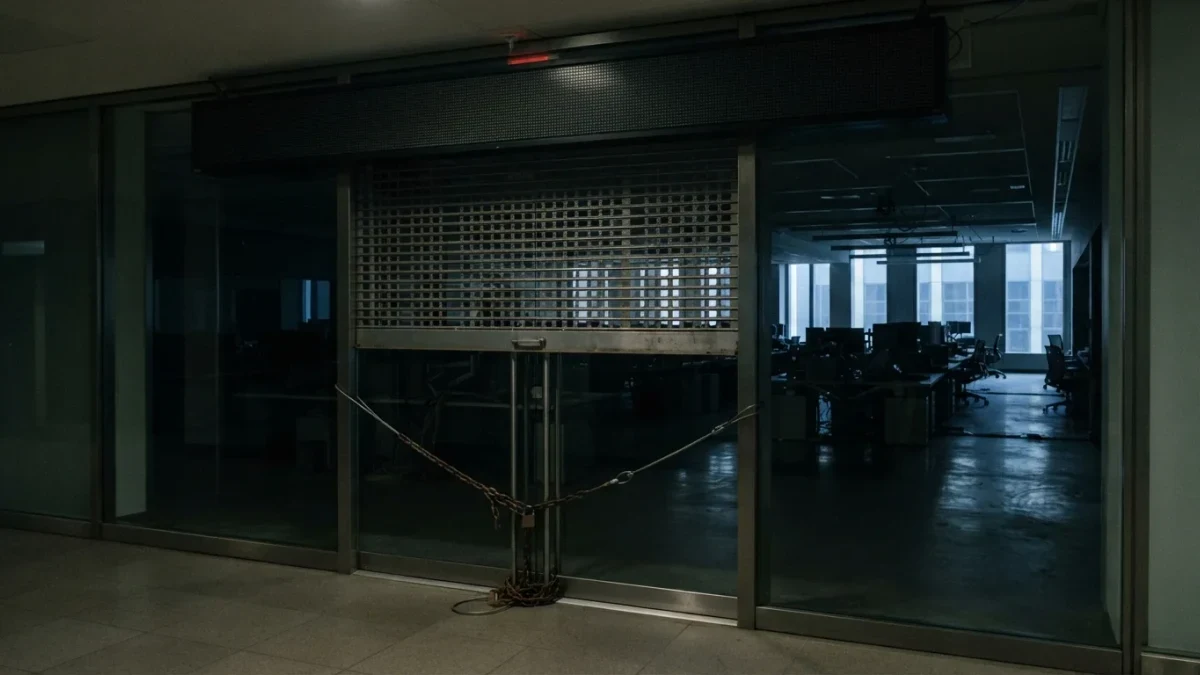 Photojournalistic scene of a trading floor gate chained at closing