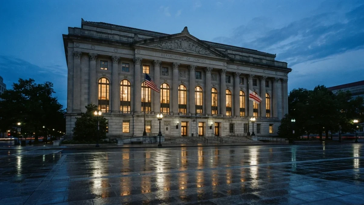 Federal building facade in Washington at dusk, no people