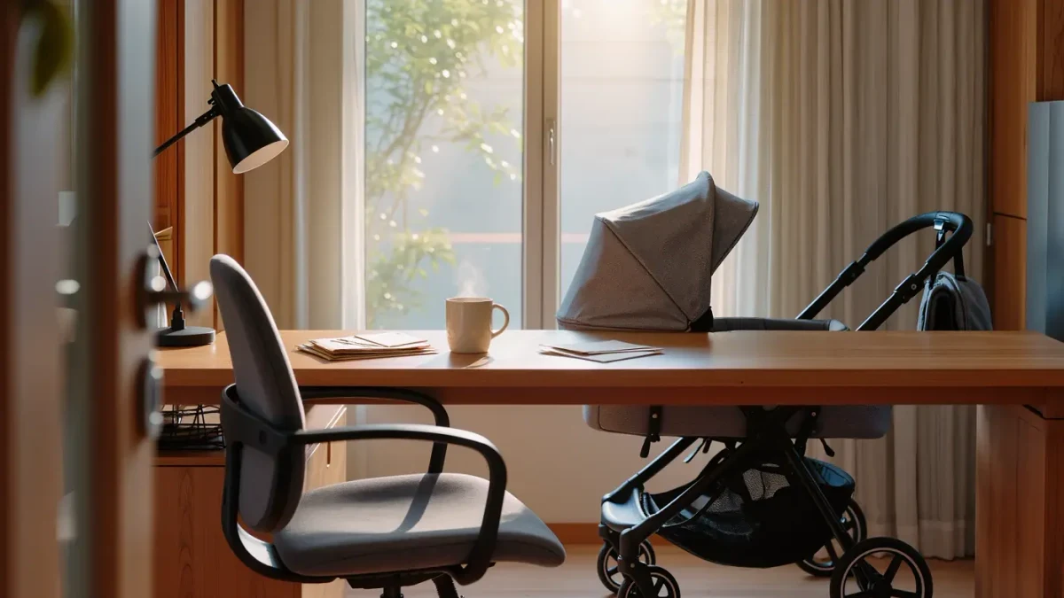 Empty desk chair beside a stroller by a window