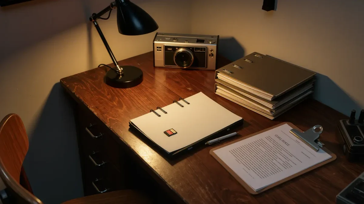 Permission records desk with archival folders and camera memory cards