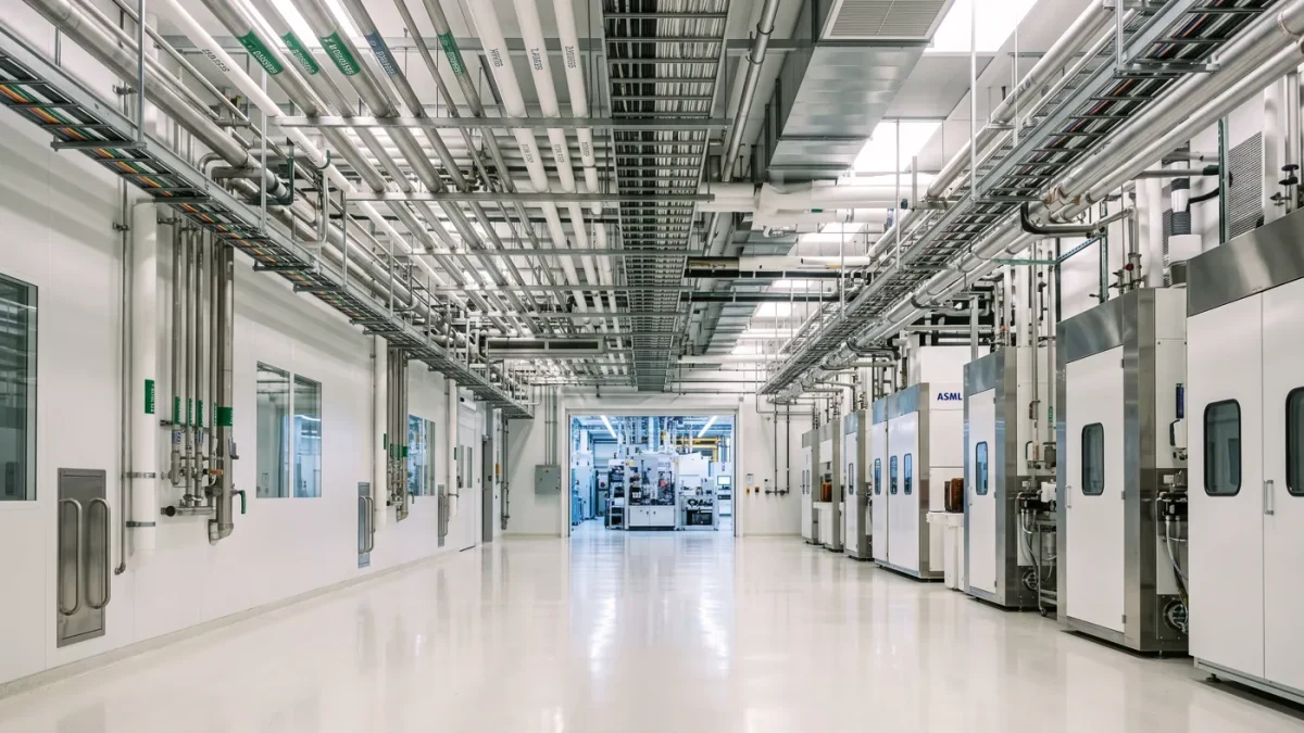 Empty clean room corridor with utility piping running above the floor