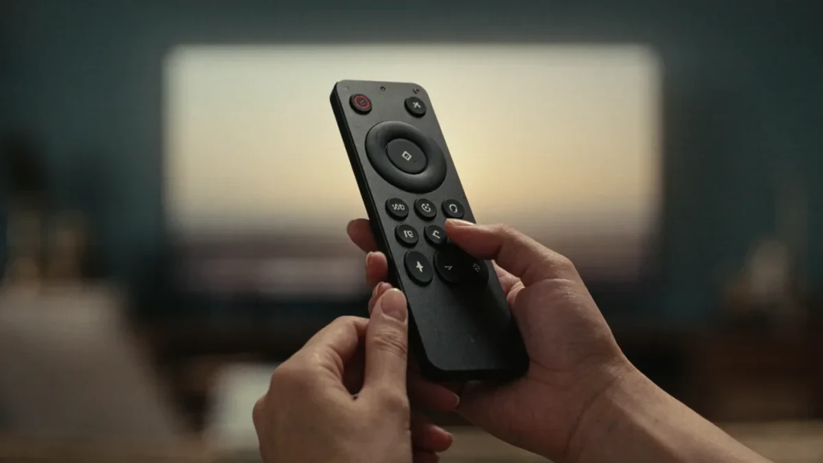 Close-up of hands holding a remote against glowing television light