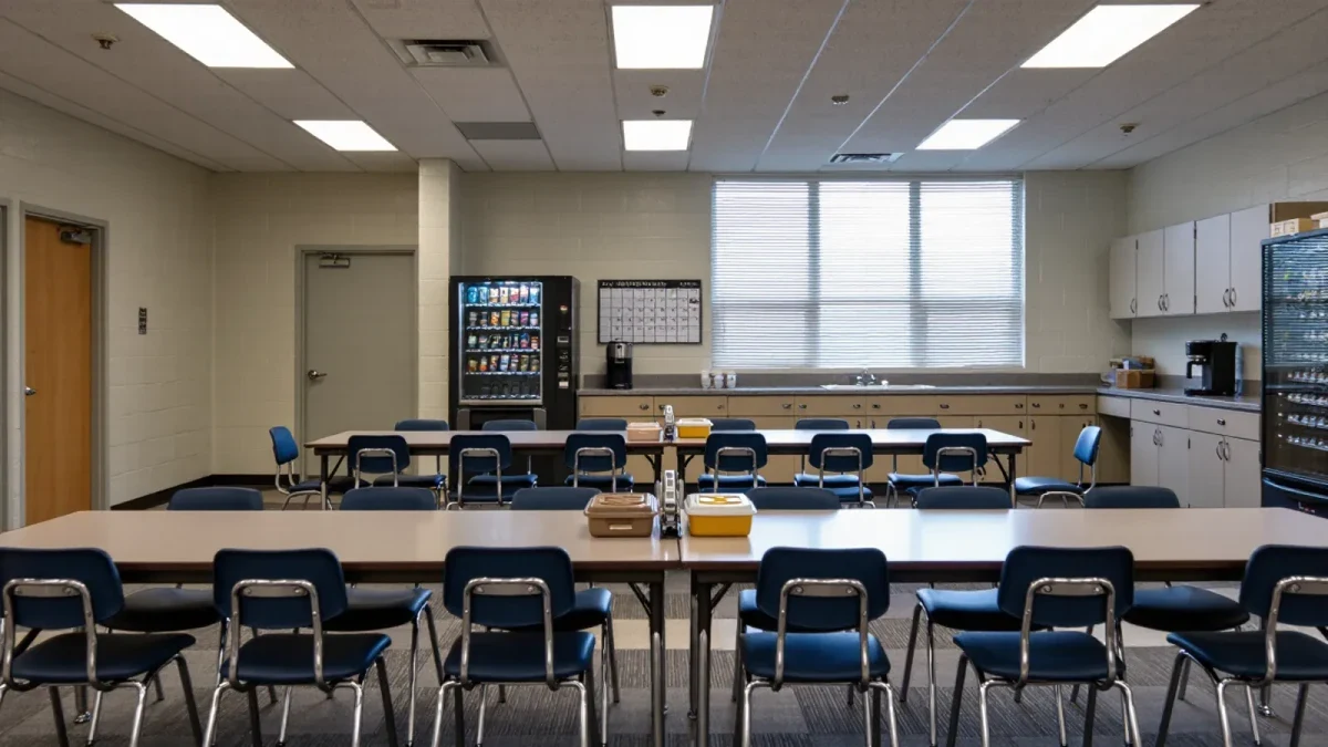 Empty faculty room at lunch with two chairs turned apart