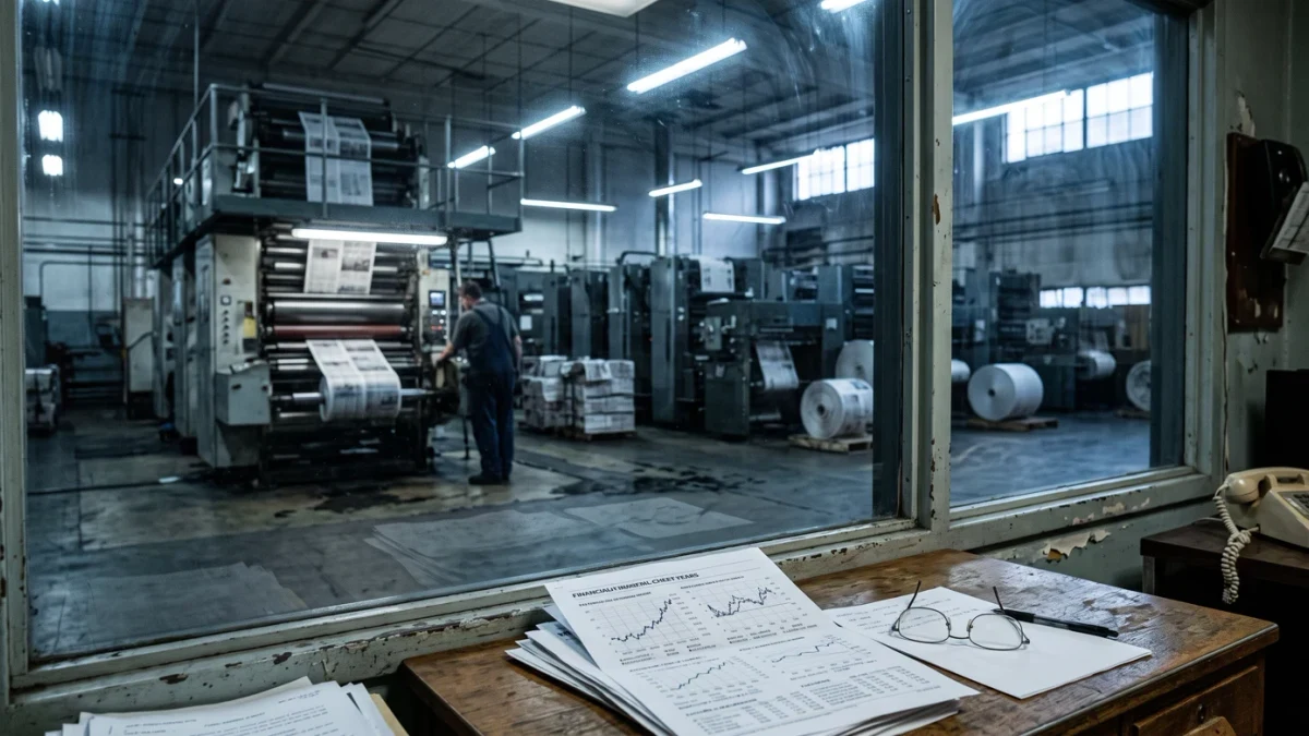 Financial printout on a desk beside a press hall seen through glass