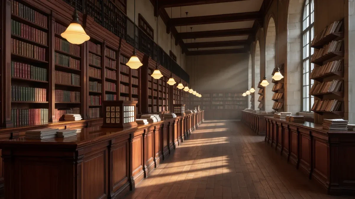 Empty Victorian lending library interior with counters, racks and gas lamps