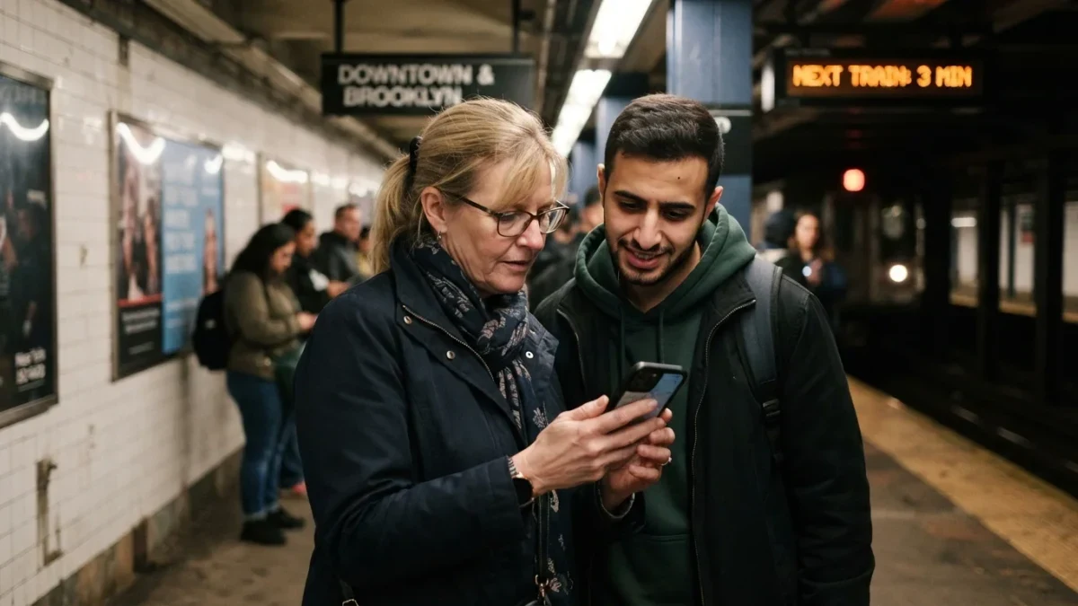 Two commuters on a subway platform, one showing phone anxiously