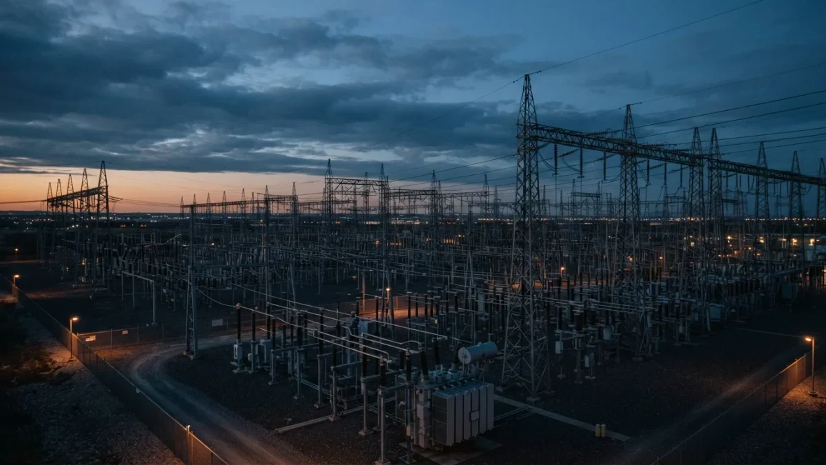 Electrical substation towers at dusk with long shadows