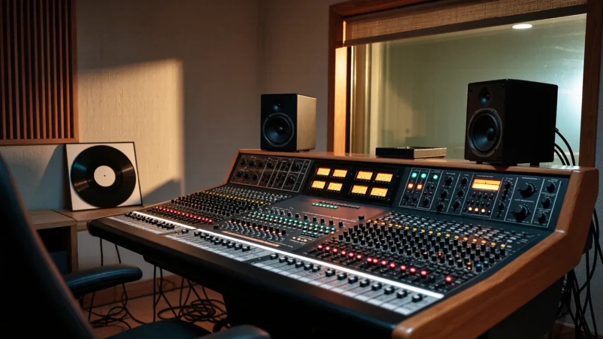 Empty recording studio control room with glowing console meters and monitor speakers