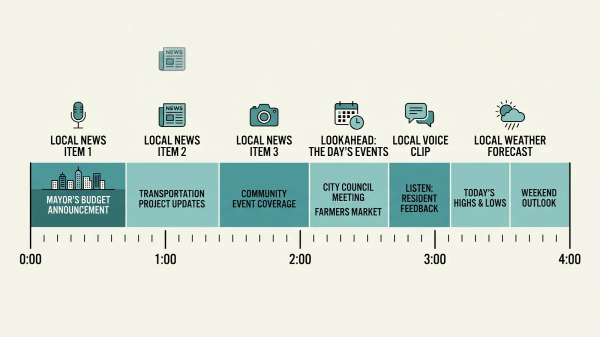 Infographic of a four-minute daily brief episode structure by segment