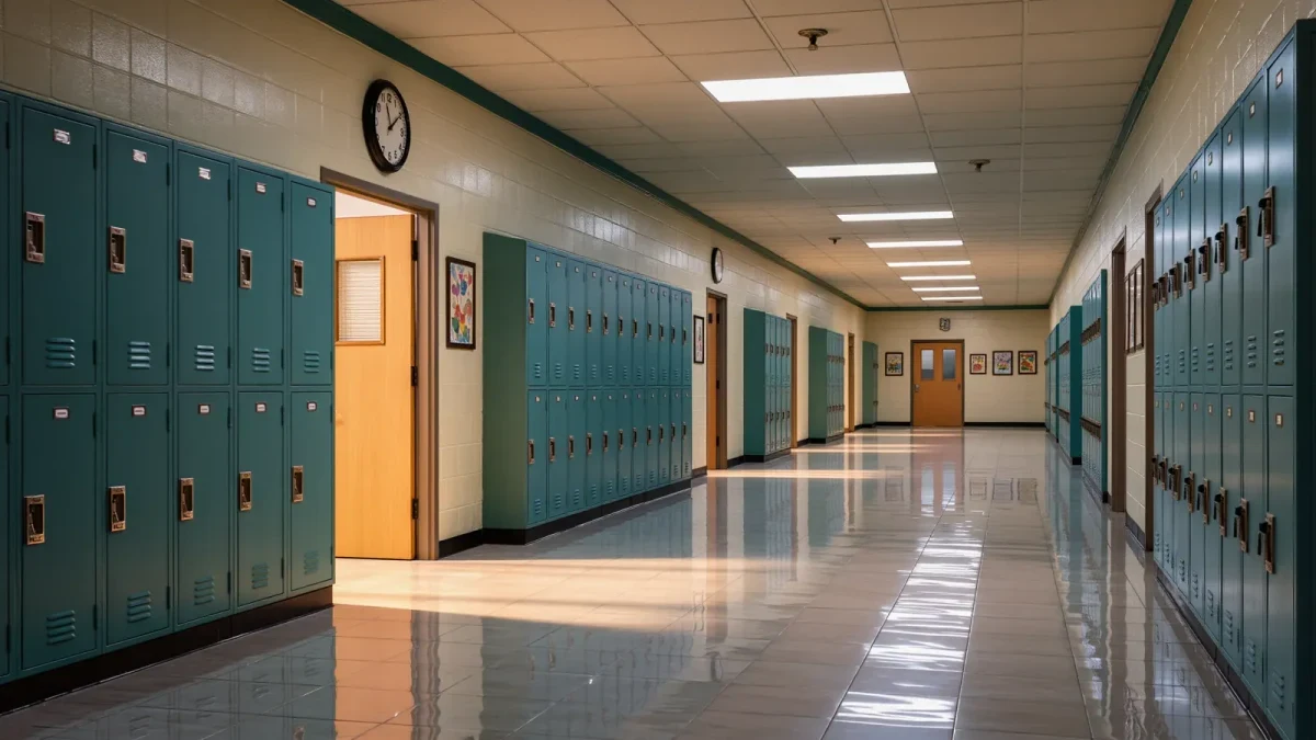 Empty school hallway outside a principal's office at early morning