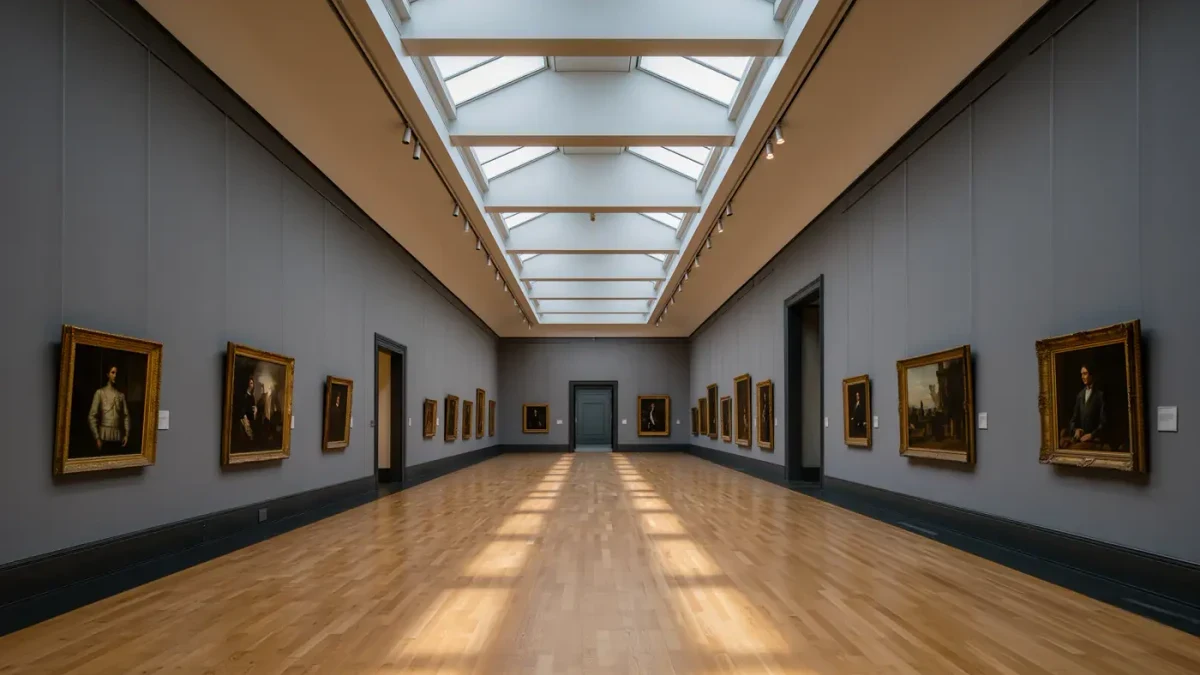 Empty museum gallery corridor beneath a row of ceiling skylights
