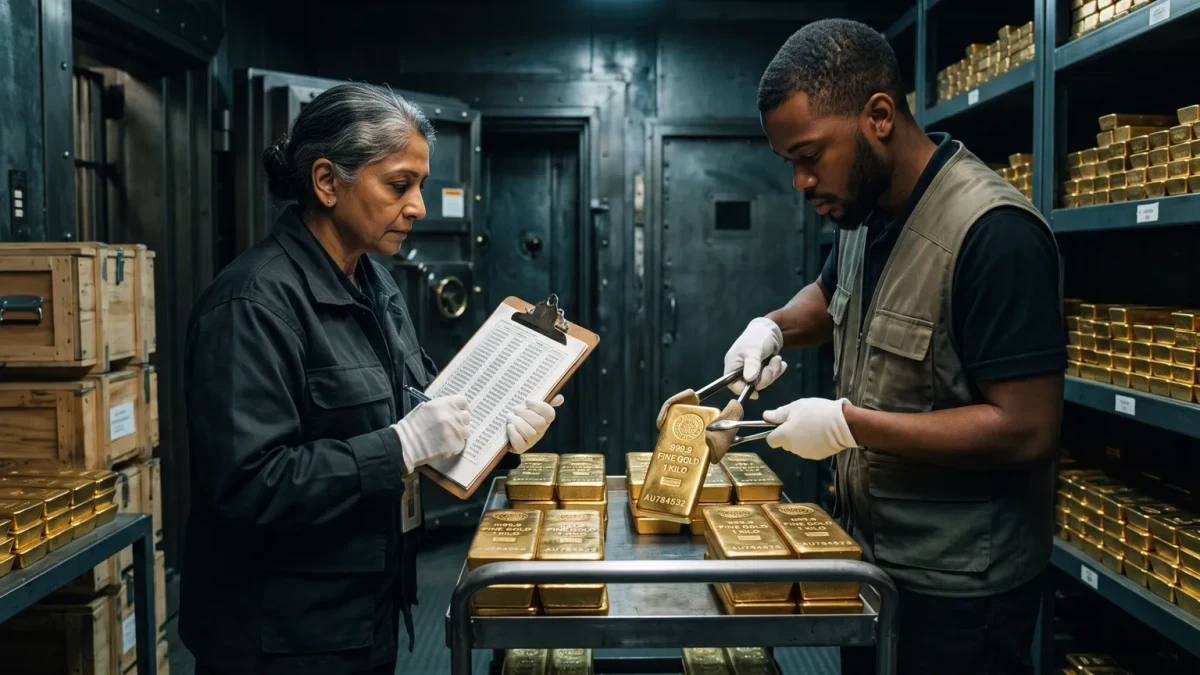 Auditor comparing bar list against stacked bullion under vault light