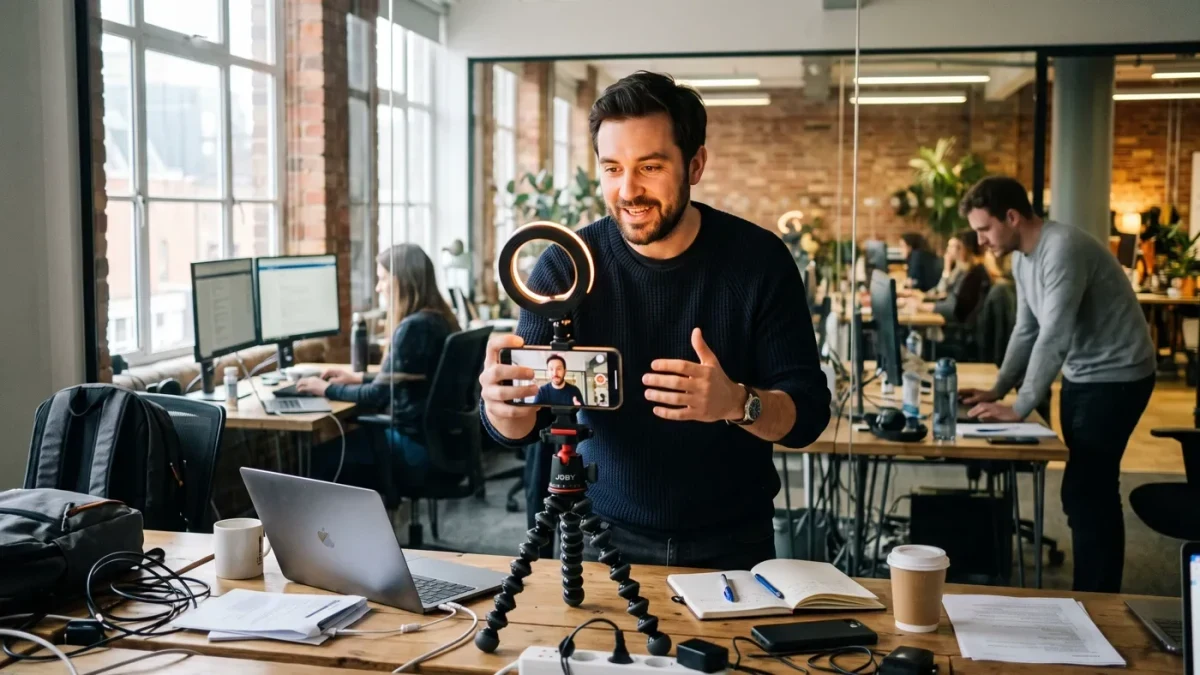 Founder recording a video while colleagues work behind glass