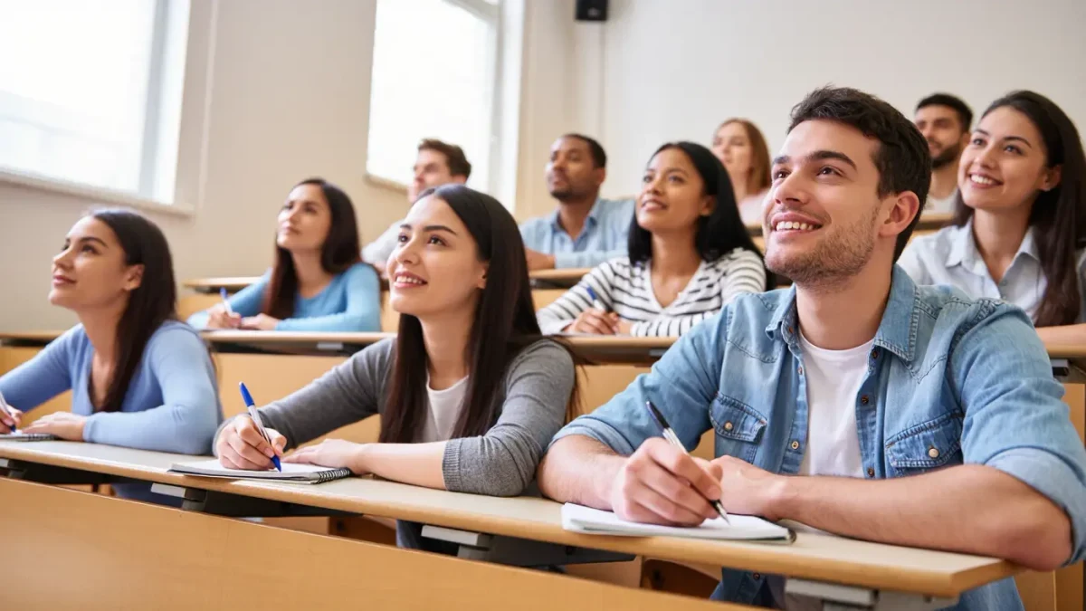 Young adults in a lecture hall writing notes by hand in notebooks