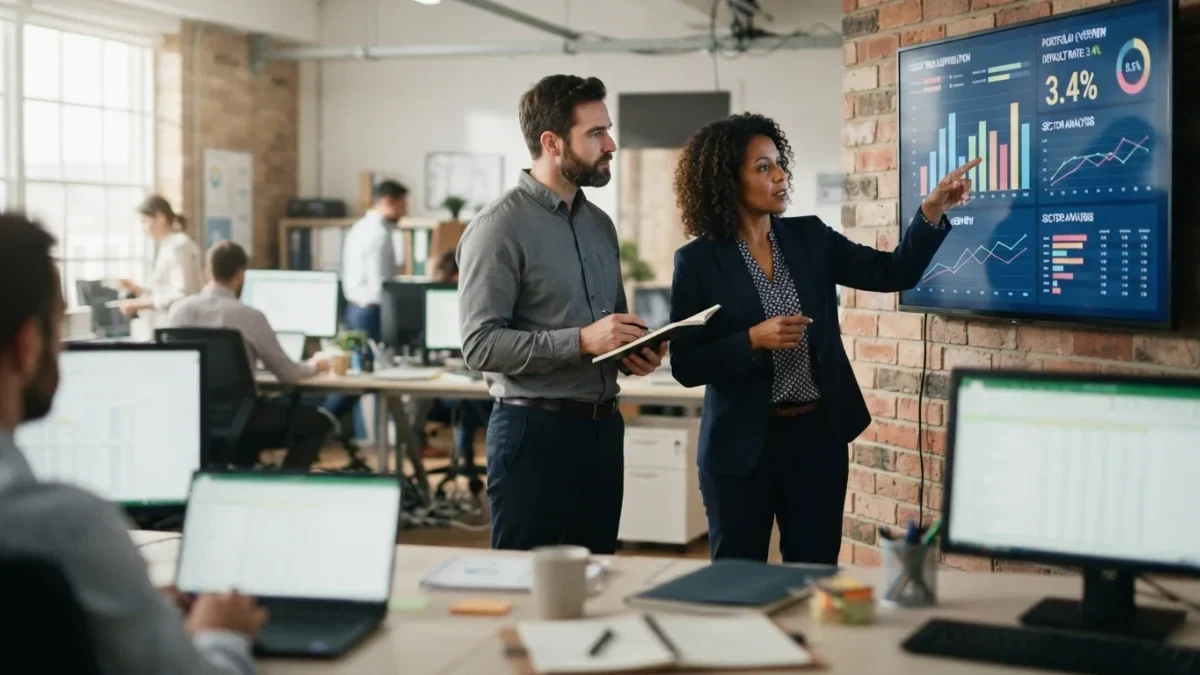 Credit analyst and colleague reviewing a risk dashboard together in an office