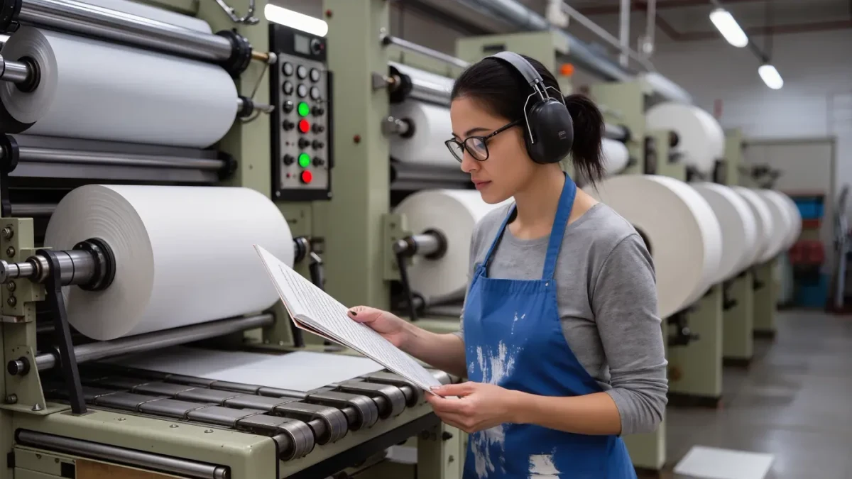 A press operator checking freshly printed book sheets