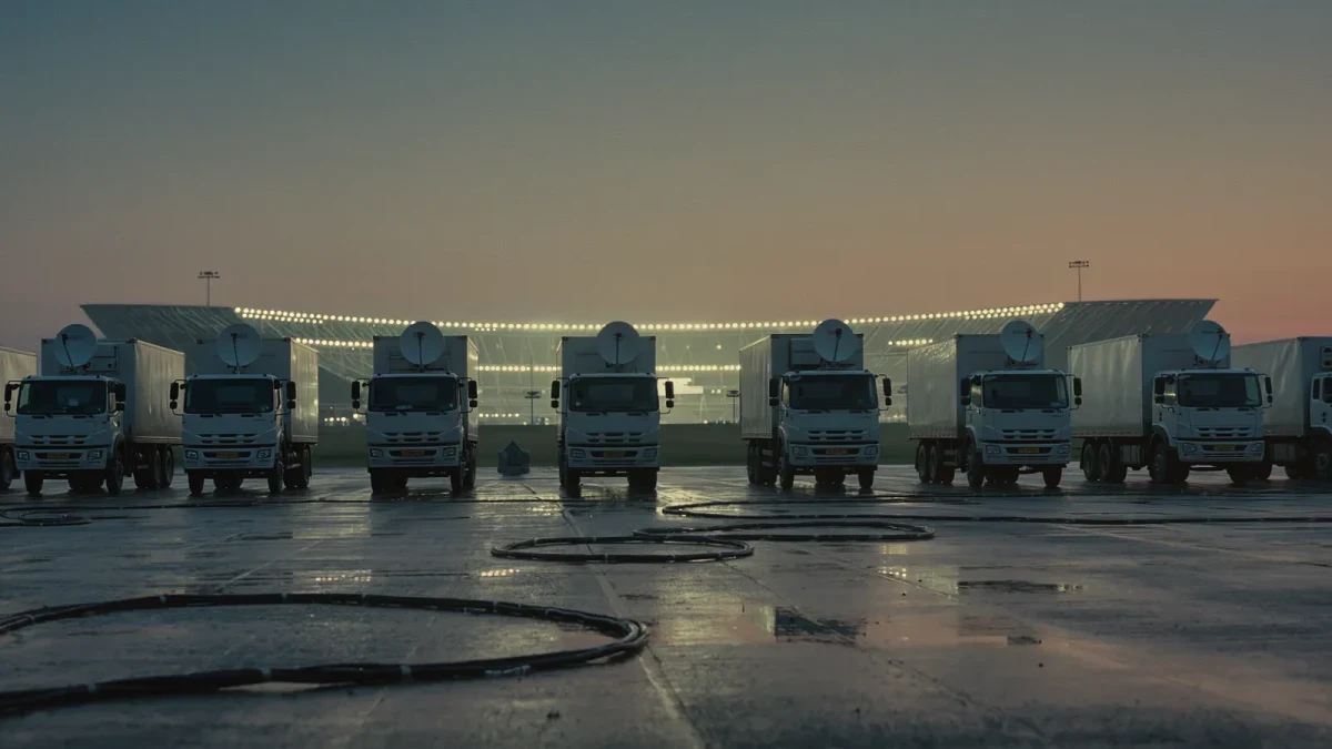 Broadcast compound of satellite trucks outside a stadium at dusk