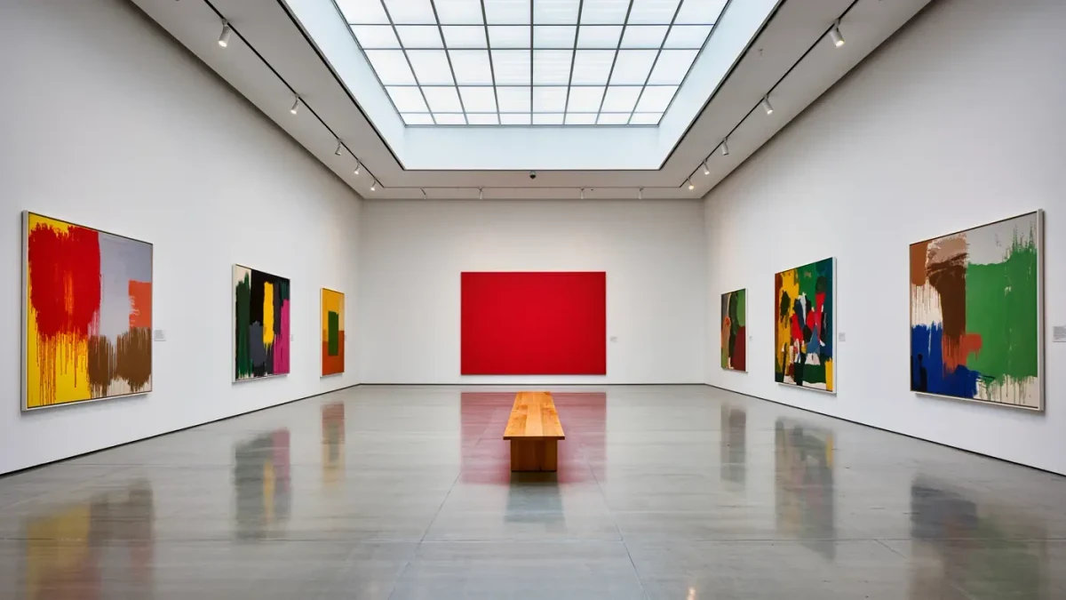 Gallery wall of abstract canvases with an empty bench before it