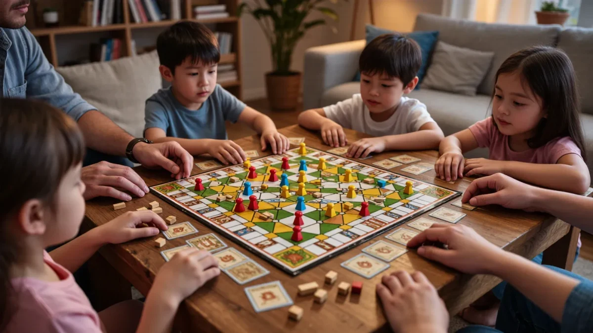 Family hands mid-move during colorful living room board game