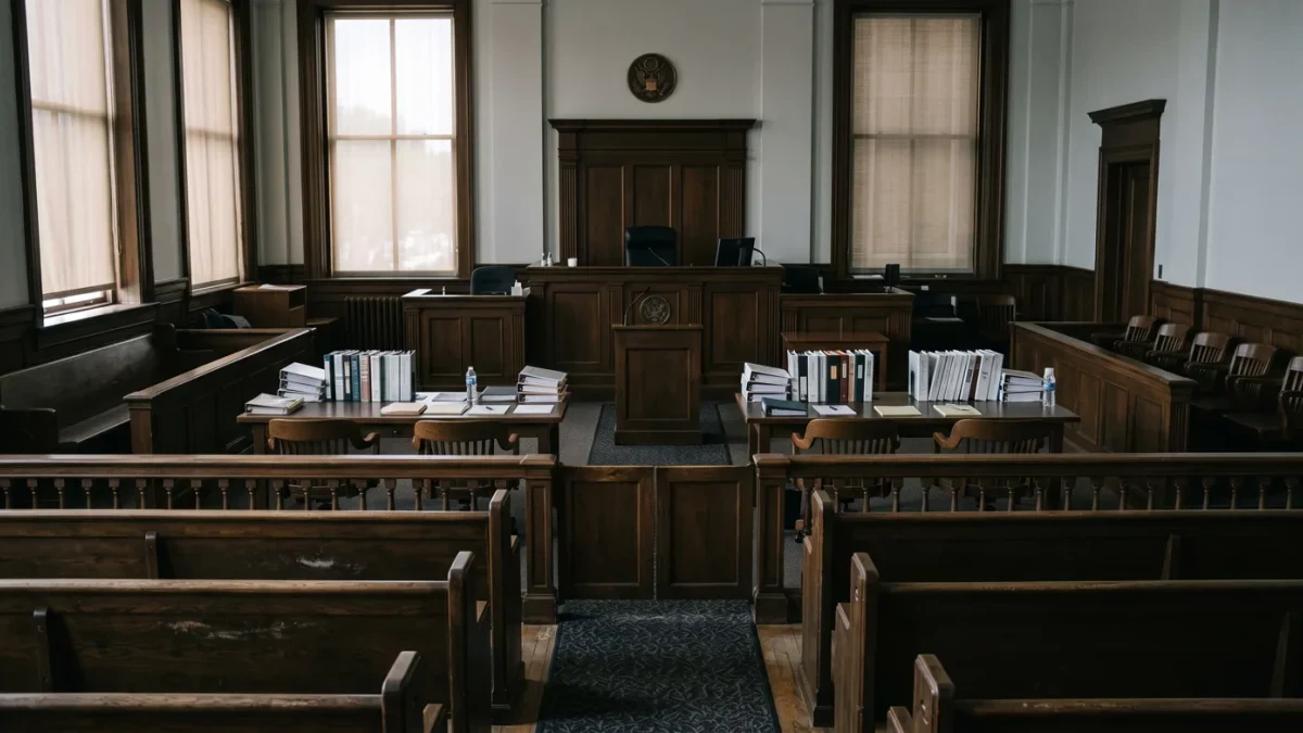 Empty federal courtroom gallery seen from public benches before a hearing