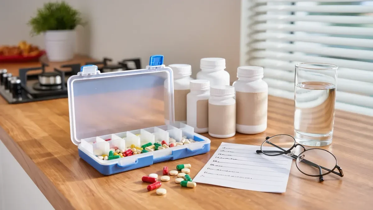 Weekly pill organizer with AM and PM compartments open on a kitchen shelf