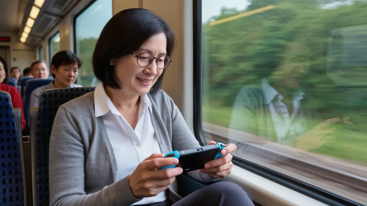 Commuter playing a handheld console on a train