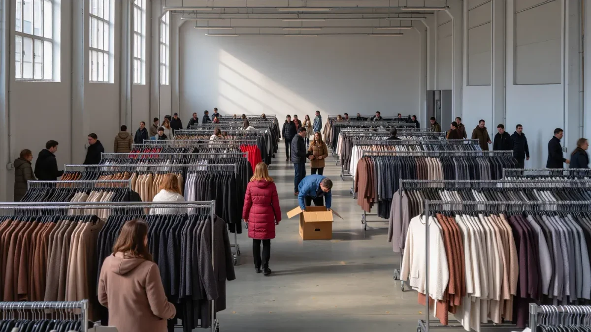 Shoppers browsing racks at a bright warehouse sample sale